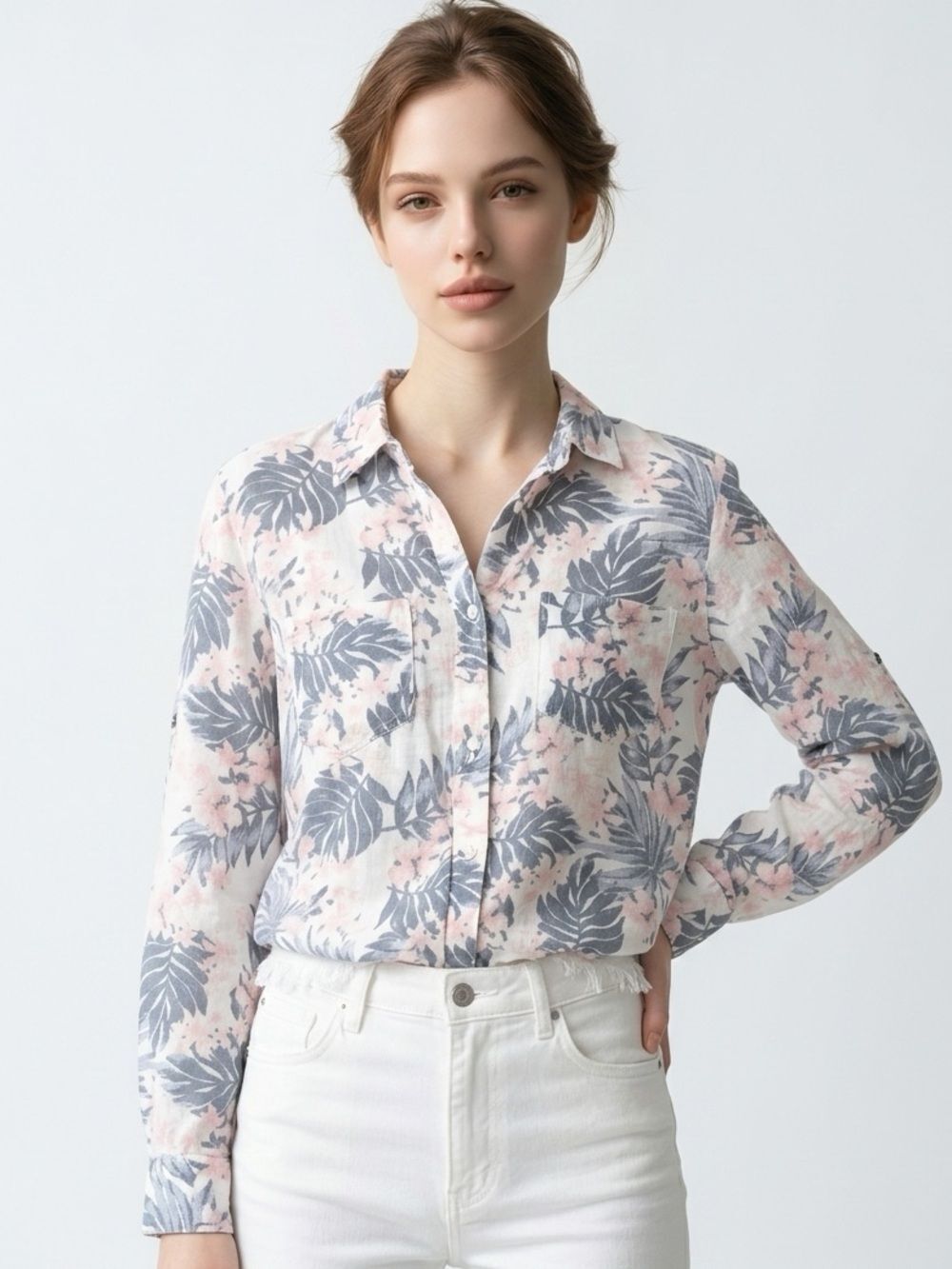 VINTAGE HAVANA | Tropical Floral Muted Color Button Down Shirt Women’s Size M